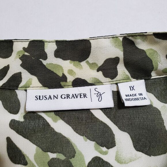 Susan Graver Flounce Bell Sleeve Top Blouse Size 1X Plus Green Printed Womens - Picture 6 of 7